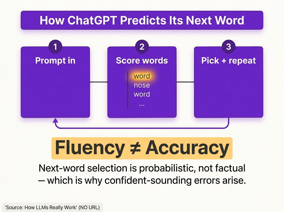 Next-word prediction, one token at a time — why fluency does not equal accuracy.